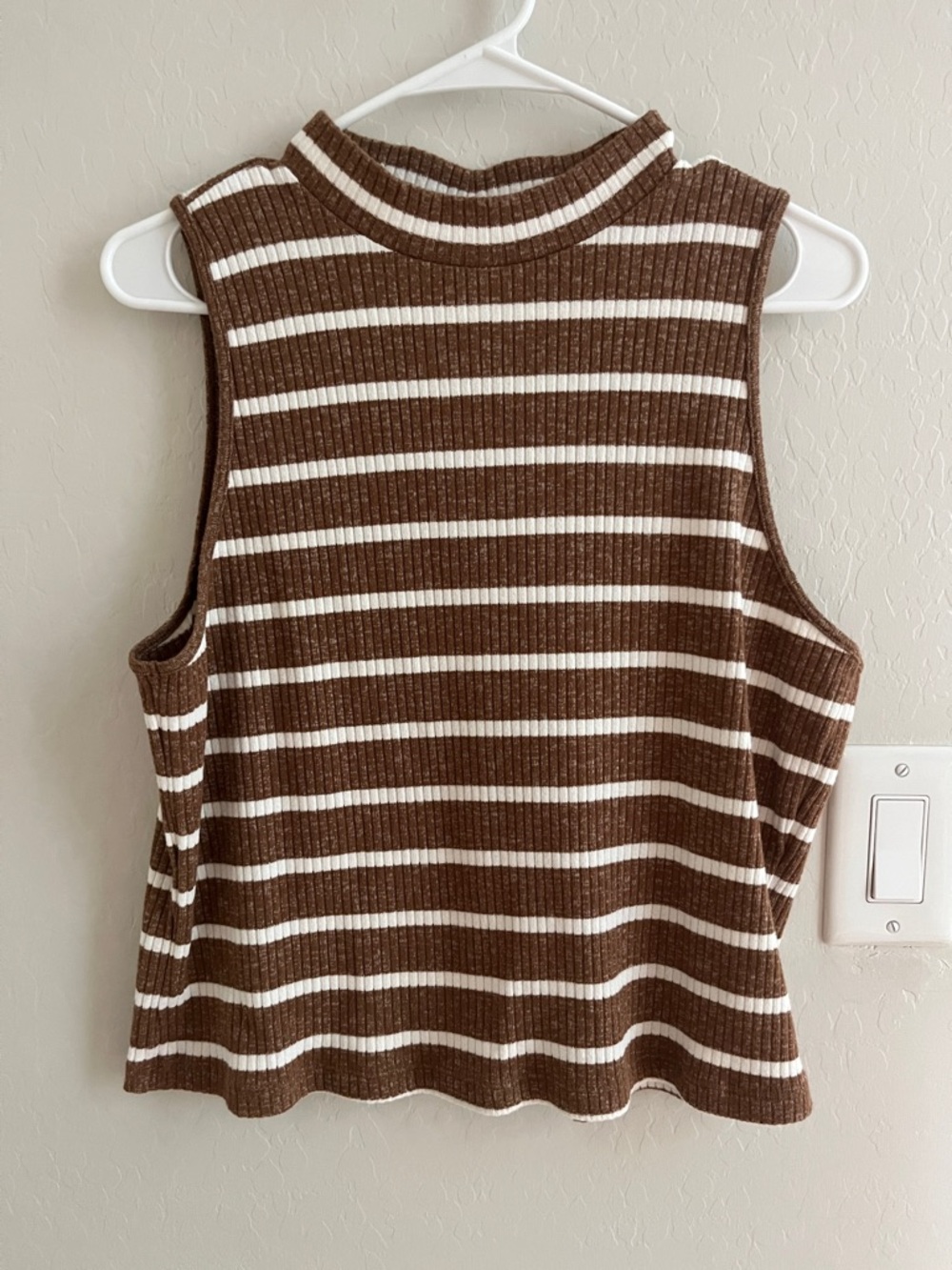 Old Navy Brown and White Striped Ribbed Mock Neck Tank